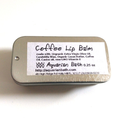 Aquarian Bath Coffee lip balm in 0.25 oz slider tin